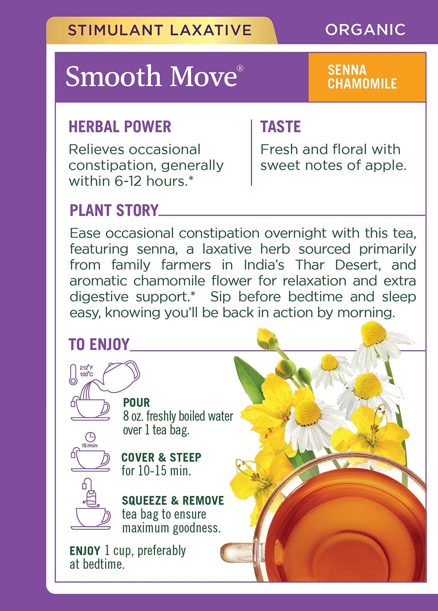 Traditional Medicinals Tea, Organic Smooth Move Chamomile, Relieves Occasional Constipation, Senna, 16 Tea Bags