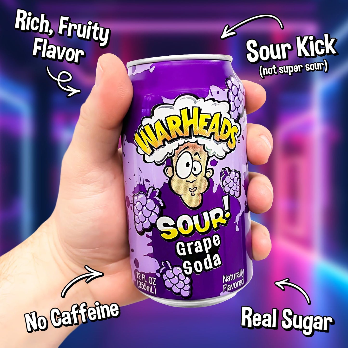 Warheads Sour Fruity Soda - Classic Flavors, Sweet and Sour, 12oz Cans, Pack of 12, G , Purple