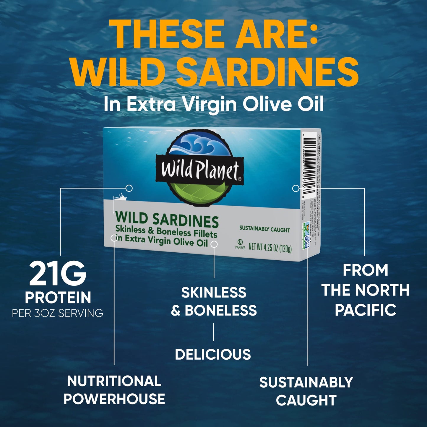 Wild Planet Wild Sardines in Extra Virgin Olive Oil with Sea Salt, Skinless & Boneless, Keto and Paleo, 4.25 Ounce (Pack of 12)