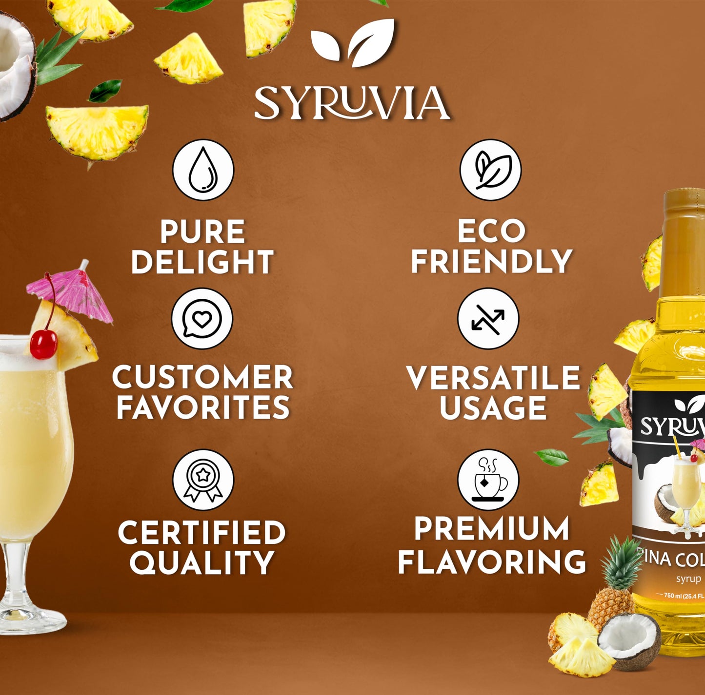 Syruvia Pina Colada Syrup - Premium Flavoring Syrup For Tea, Italian Sodas, Beverages, Desserts, Ice Cream, Cocktails & Mocktail