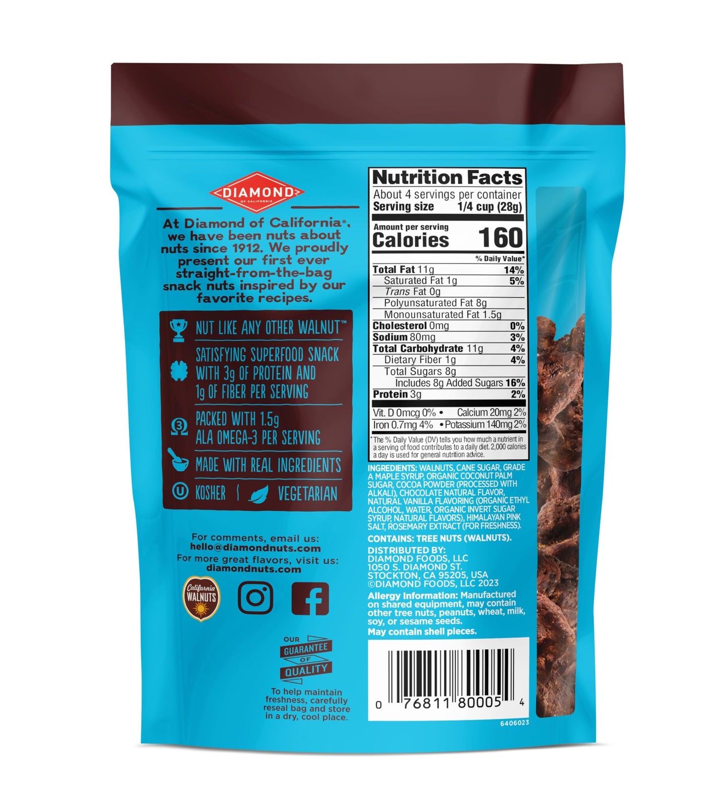 Diamond Of California Salted Dark Chocolate Walnut Snack Nuts, 4 Oz. (4 Pack)