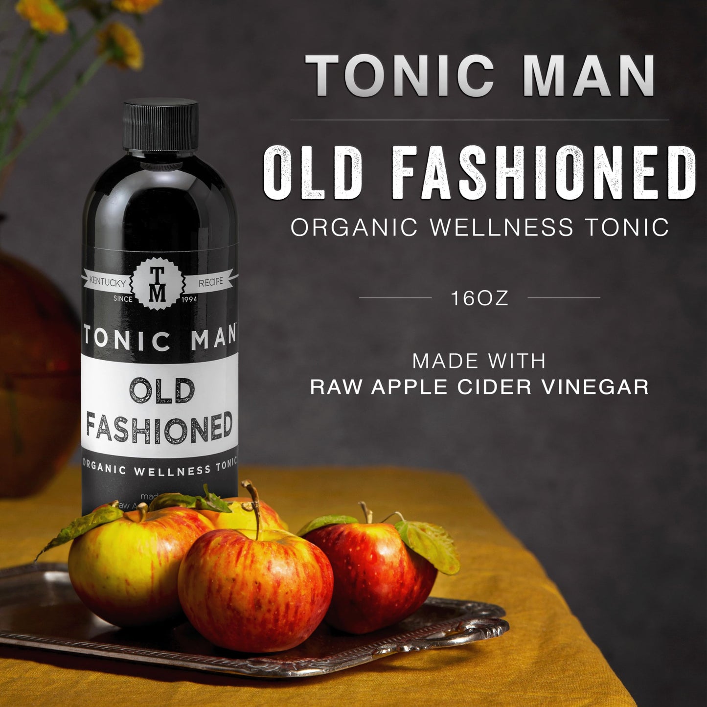 Tonic Man Organic Herbal Wellness Tonic, Raw Apple Cider Vinegar, Non-GMO, 16oz Bottle (Pack of 16)