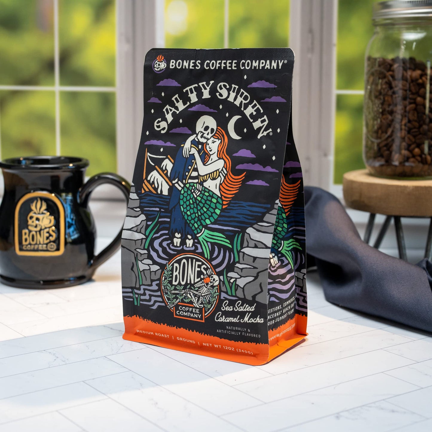 Bones Coffee Company Salty Siren Ground Coffee Beans Caramel Chocolate Flavor, Low Acid Flavored Coffee, Made with Arabica Coffe