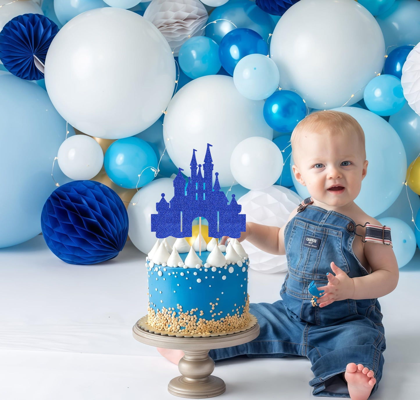 EONNCNT Castle Cake Topper - Royal Blue Glitter Cardboard Birthday Decoration Supplies