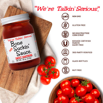Bone Suckin' Sauce Sweet Southern Thick BBQ Sauce, 18 oz Glass Bottle, For Ribs, Chicken, Pork, Beef - Gluten-Free, Non-GMO, Kos