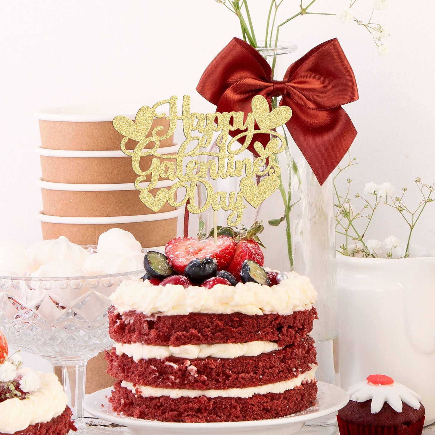 Gyufise 1Pc Happy Galentine's Day Cake Topper Glitter Sweet Love Valentine Cake Topper Decorations for Valentine's Day Theme Bir