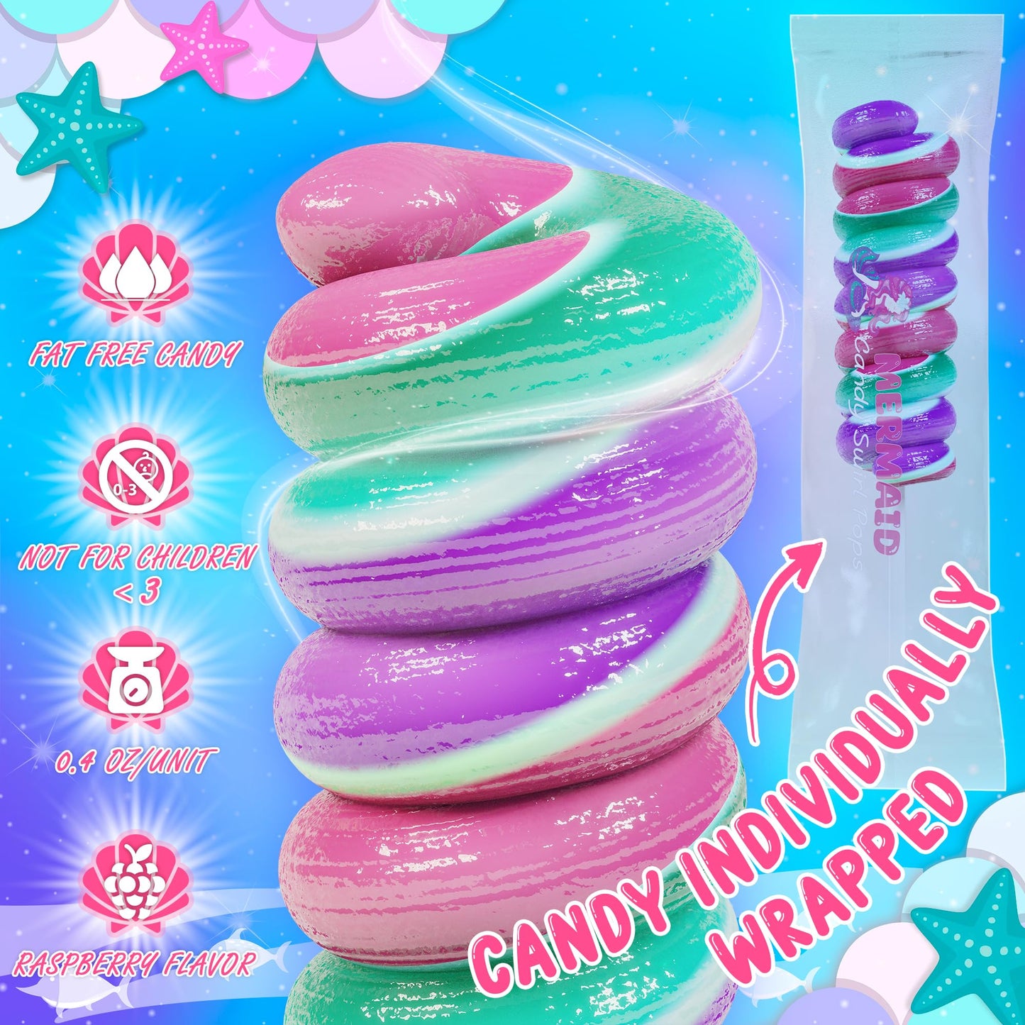Mermaid Lollipops 20Pk- Swirl Lollipops Mermaid Candy For Little Mermaid Party Favors & Mermaid Party Supplies - Mermaid Suckers