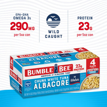 Bumble Bee Chunk White Albacore Tuna In Water, 5 Oz Can (Pack Of 4) - Wild Caught Tuna - 23G Protein Per Serving, High In Omega-3S - Non-Gmo Project Verified, Gluten Free, Kosher