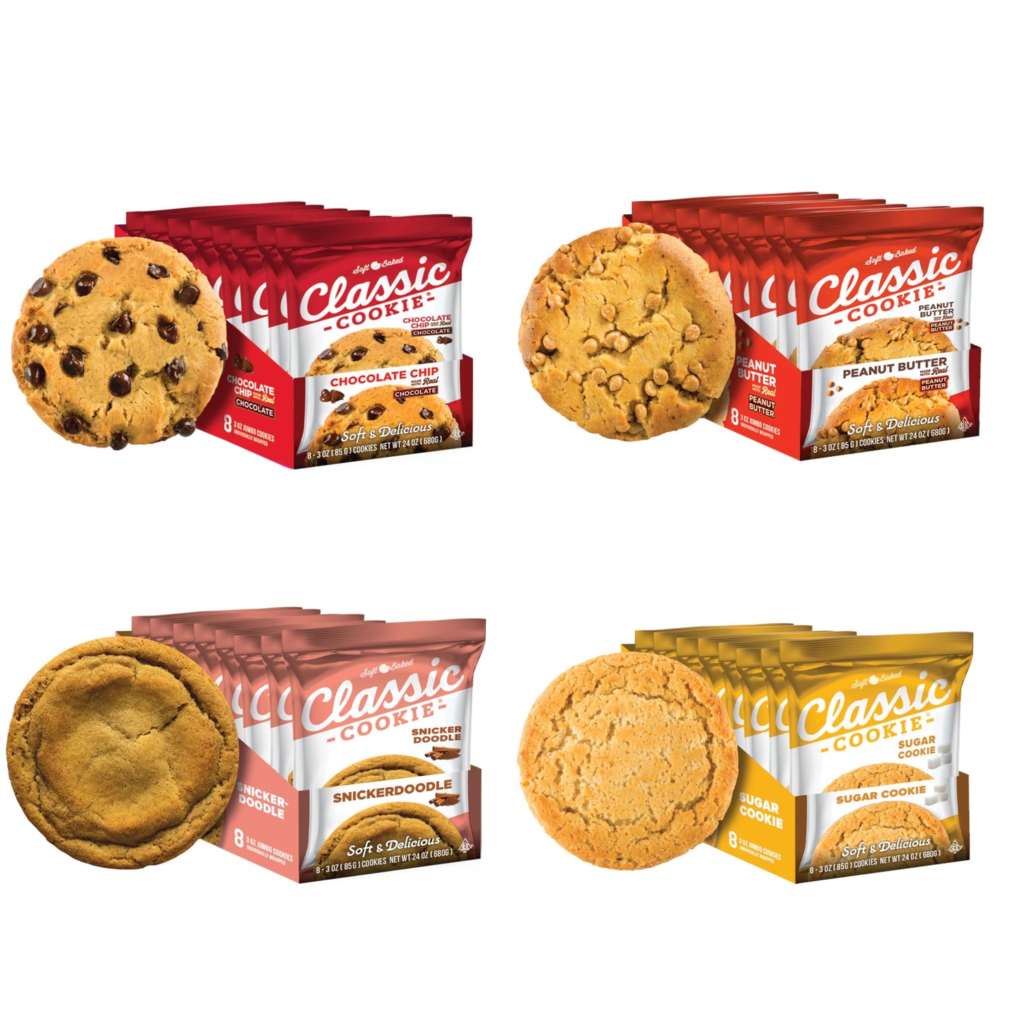 Classic Cookie, Soft Baked Cookie, Variety Pack with 3oz. Chocolate Chip, Peanut Butter, Sugar Cookie, and Snickerdoodle, 32 Coo