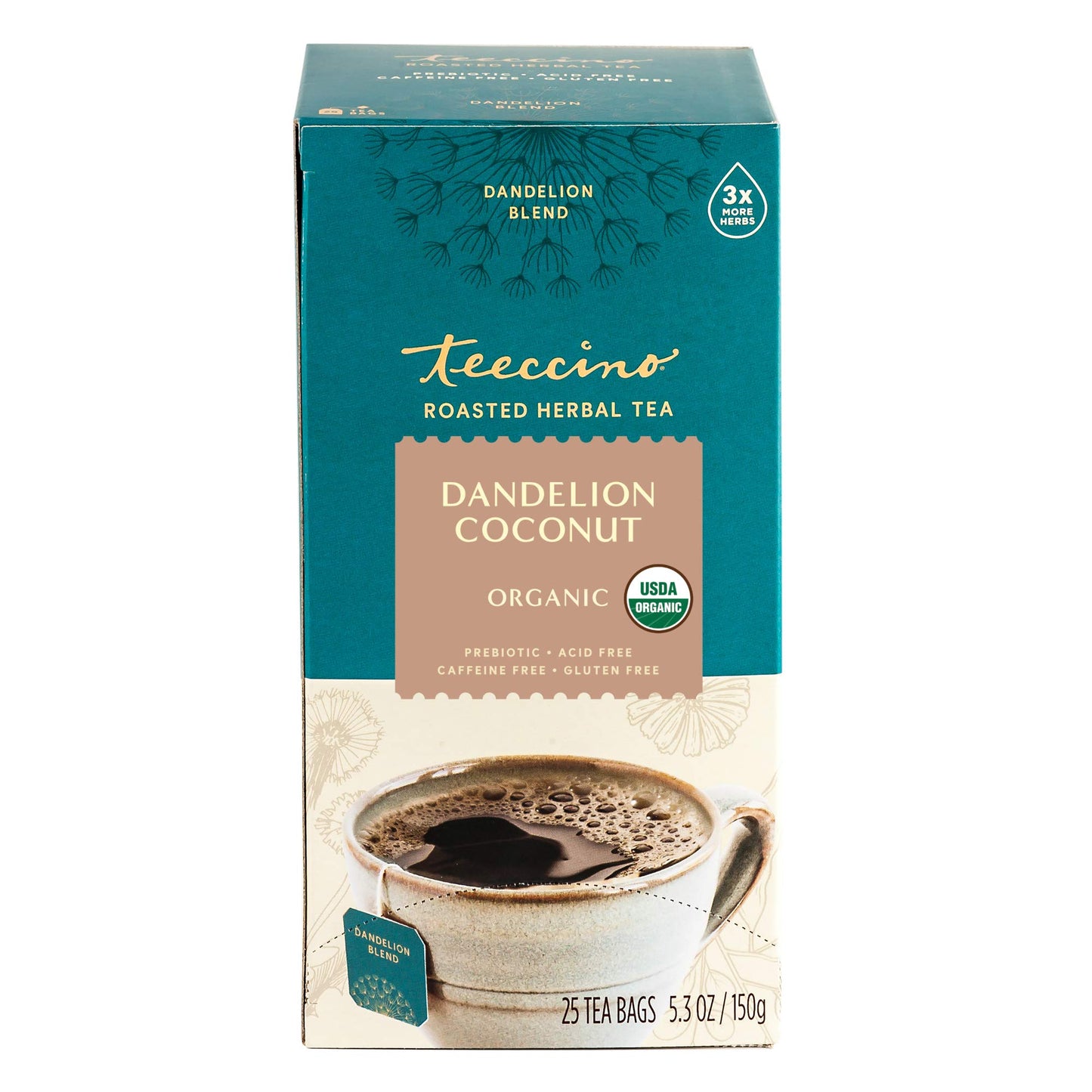 Teeccino Dandelion Coconut Tea - Caffeine Free Herbal Tea with Prebiotics - 25 Tea Bags