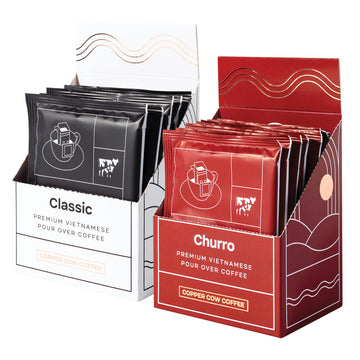 Copper Cow Coffee Vietnamese Pour Over Coffee - Single-Serve And All-Natural Pre-Filled Coffee Filters - Classic, Churro Flavors
