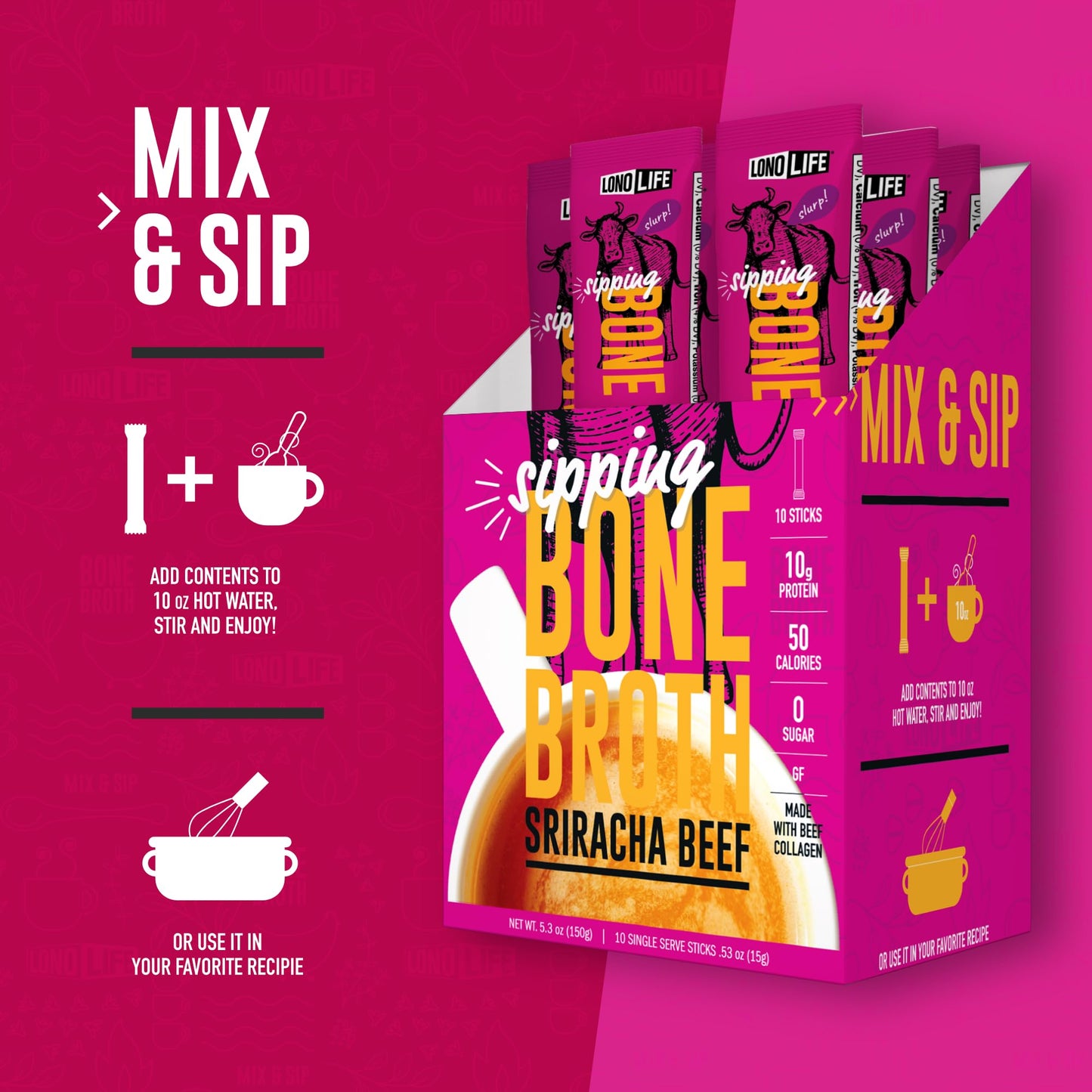 Lonolife Sriracha Chicken Bone Broth Powder Mix | 10G Protein | Collagen-Rich, Keto & Paleo Friendly | Natural Ingredients | 4 P