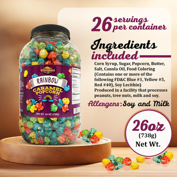 Stonehedge Farms Rainbow Caramel Flavored Popcorn - 26 oz Barrel - Red, Yellow, Green and Blue Colorful Gourmet Carmel Popped Po
