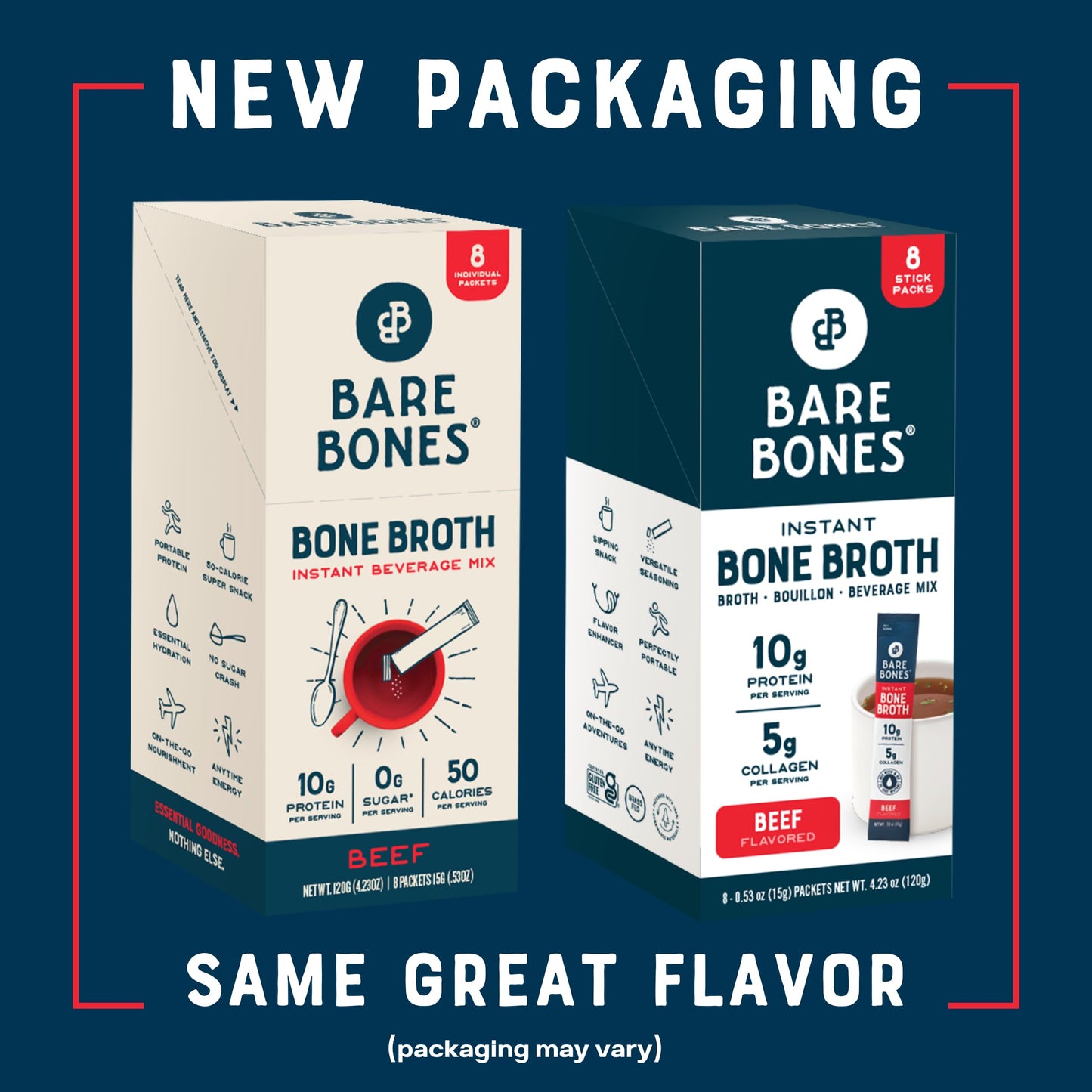 Bare Bones Beef Bone Broth Instant Powdered Mix | Rich Savory Packets on-the-Go No Artificial Flavors | 100% Grass Fed Keto & Pa