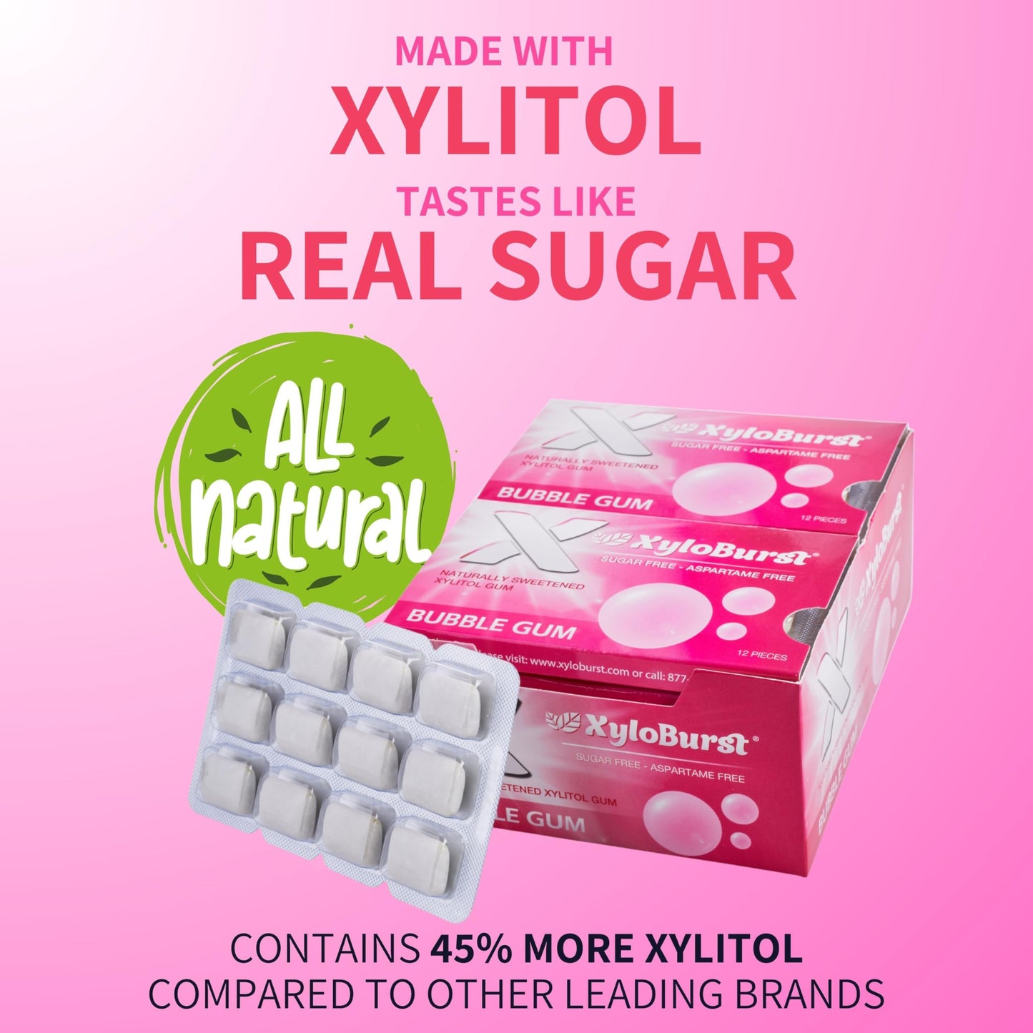Xyloburst Xylitol Chewing Gum, Sugar Free, Gluten Free, Keto Friendly, Pink, Small, Pack of 12, 12 Pieces