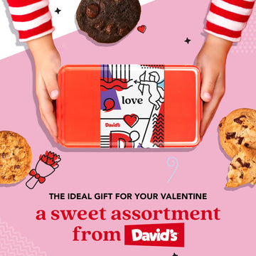 Davids Fresh Baked Assorted Cookies Sweet Sampler In Love Tin 8 Count - Chocolate Chunk, Peanut Butter Chip, Double Chocolate Ch