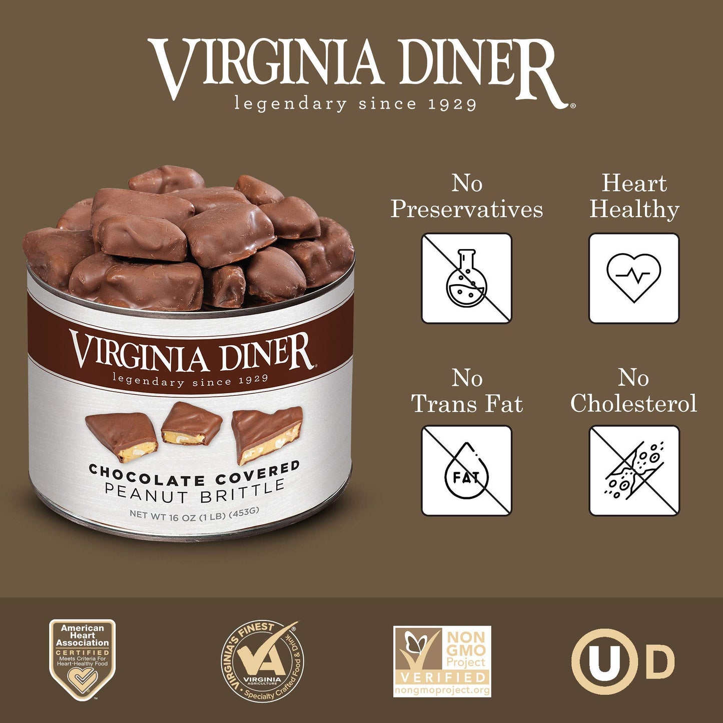 Virginia Diner - Gourmet Natural Classic Chocolate Covered Peanut Brittle, 16 Ounce Tin