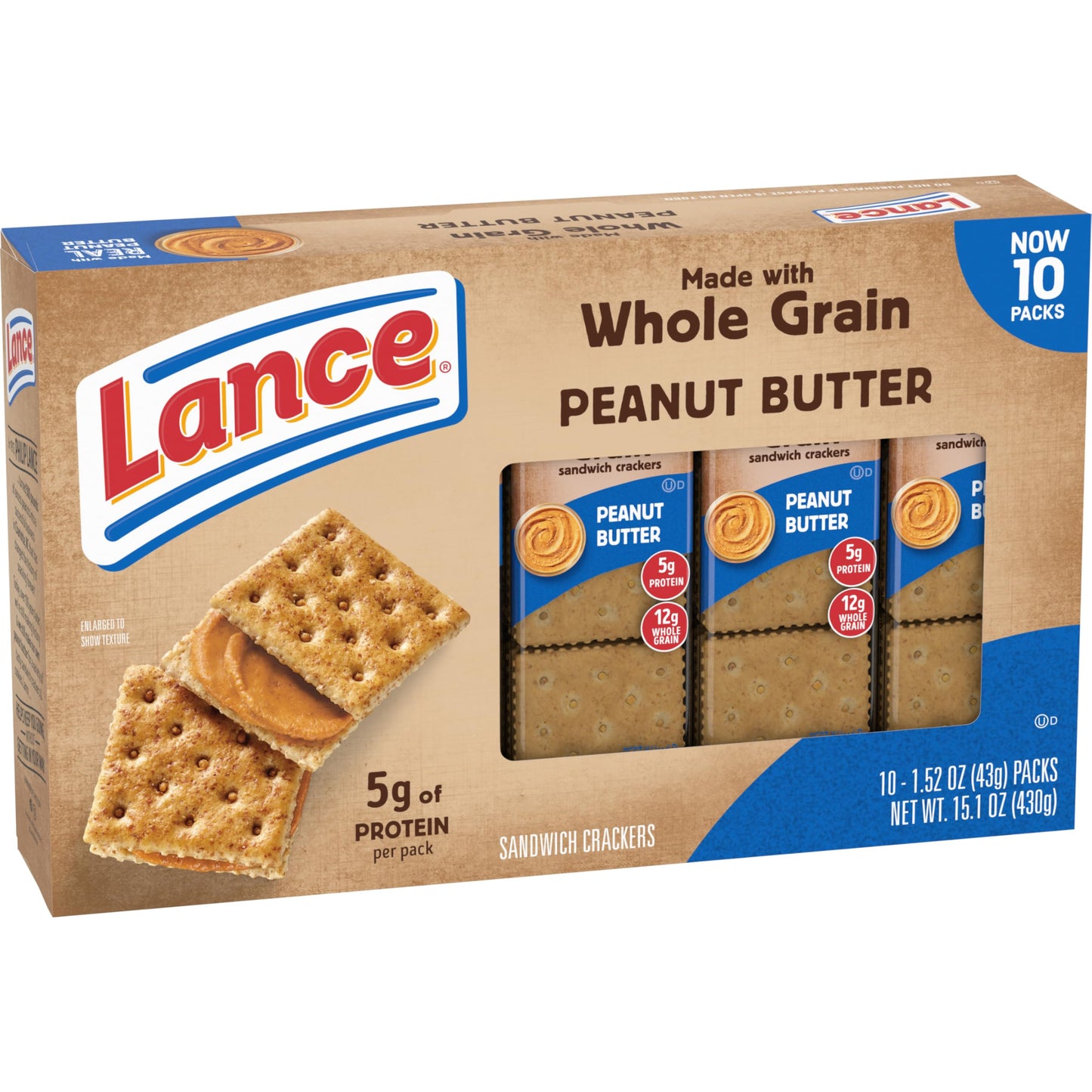Lance Sandwich Crackers, Made with Whole Grain Crackers, Peanut Butter, 10 Individual Packs
