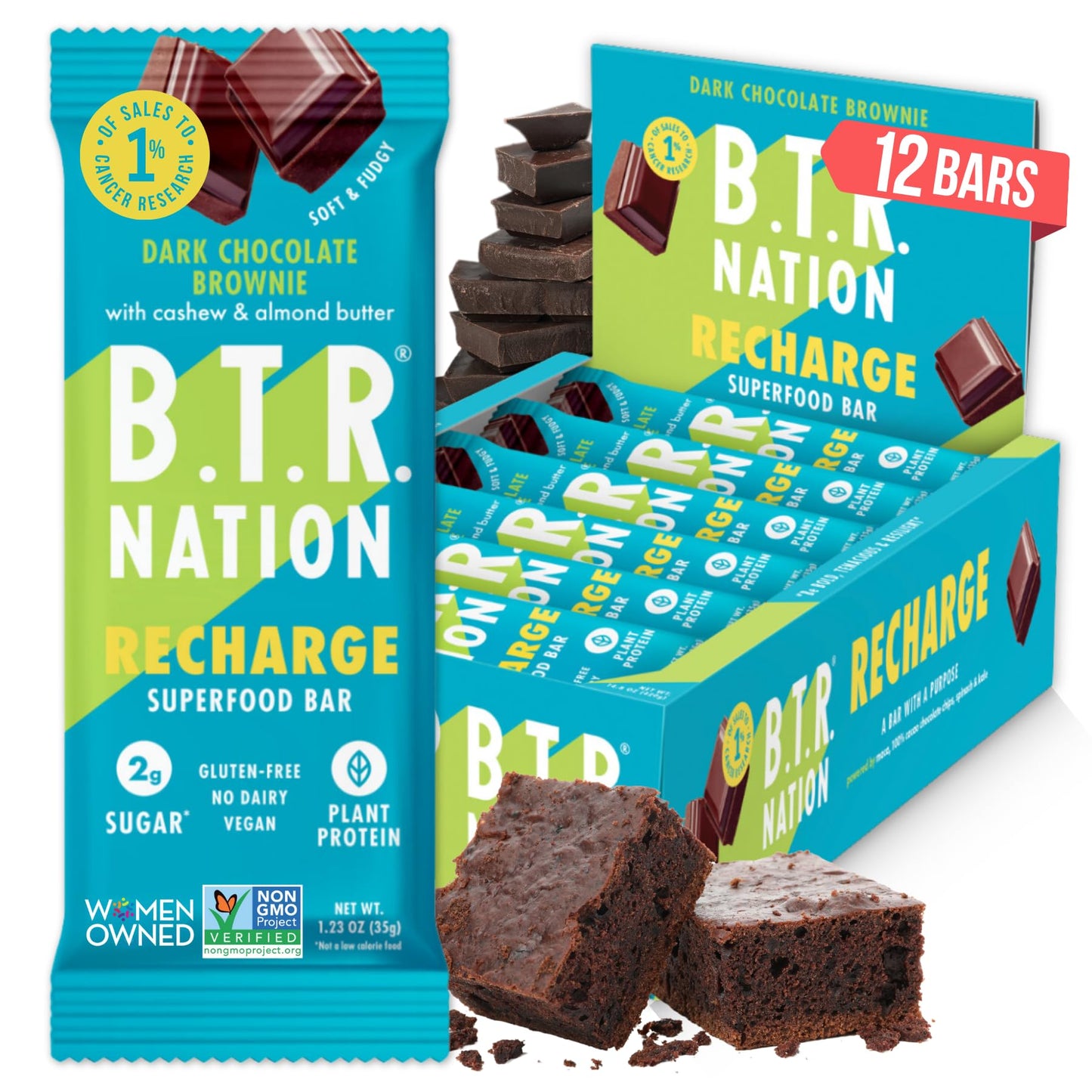 B.T.R Nation Keto Superfood Protein Bars, Plant Based Vegan - Brownie RECHARGE | 12 Bars | Low Carb and Gluten Free, Free of Sug