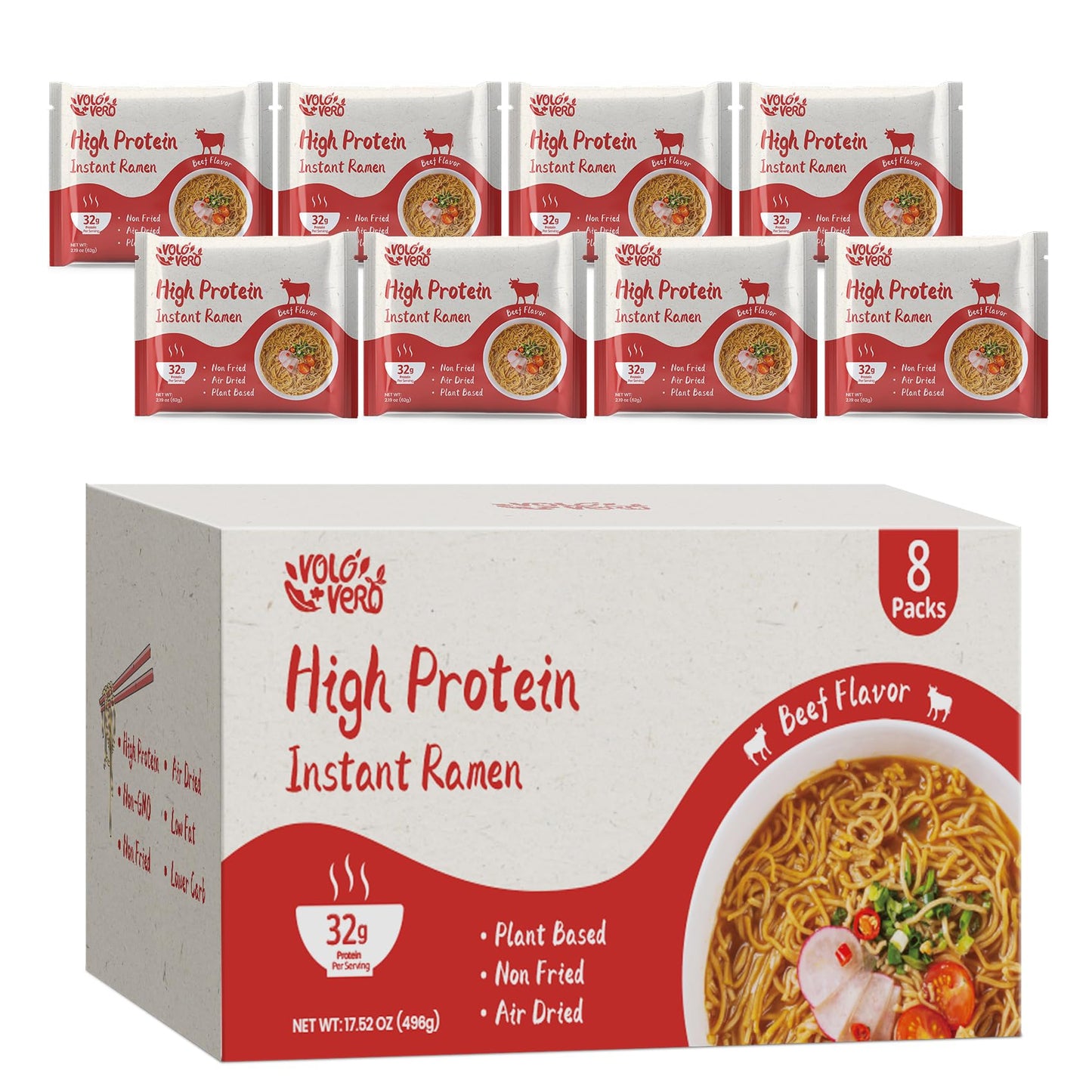 VOLO VERO High Protein (32g) Instant Ramen Noodles Spicy Beef    Flavor Soup, 8 Pack, Plant-Based, Low Carb, Air-Dried, Non-Frie