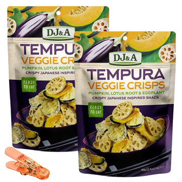 Tem.pura Veggie Crisps, Pumpkin, Lotus Root & Eggplant, Japanese Inspired Snack, 2.4 oz, Pack of 2 with Free Bag Clip