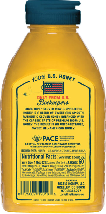 Local Hive Clover Raw Unfiltered Honey - 16 oz, 100% Pure US Honey, Sourced from American Bees and Beekeepers - Natural Sweetene