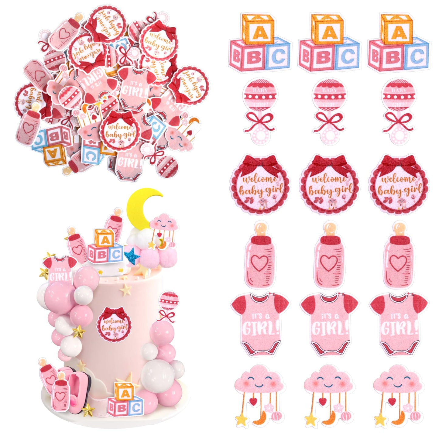 60 Pcs Edible Oh Baby Cupcake Toppers Pacifier Cloud Moon Star Welcome Baby Girl Cupcake Picks Edible Baby Shower ItS A Girl Cake Decorations For Baby Shower Girls Birthday Party Supplies Pink