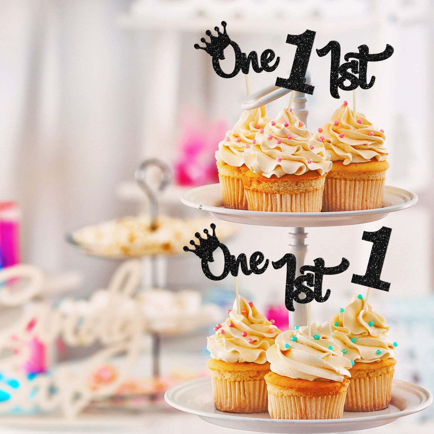 24Pcs 1st Birthday Cupcake Toppers Glitter First Birthday Cake Decorations One Cupcake Picks for Kids Baby Shower 1st Birthday P