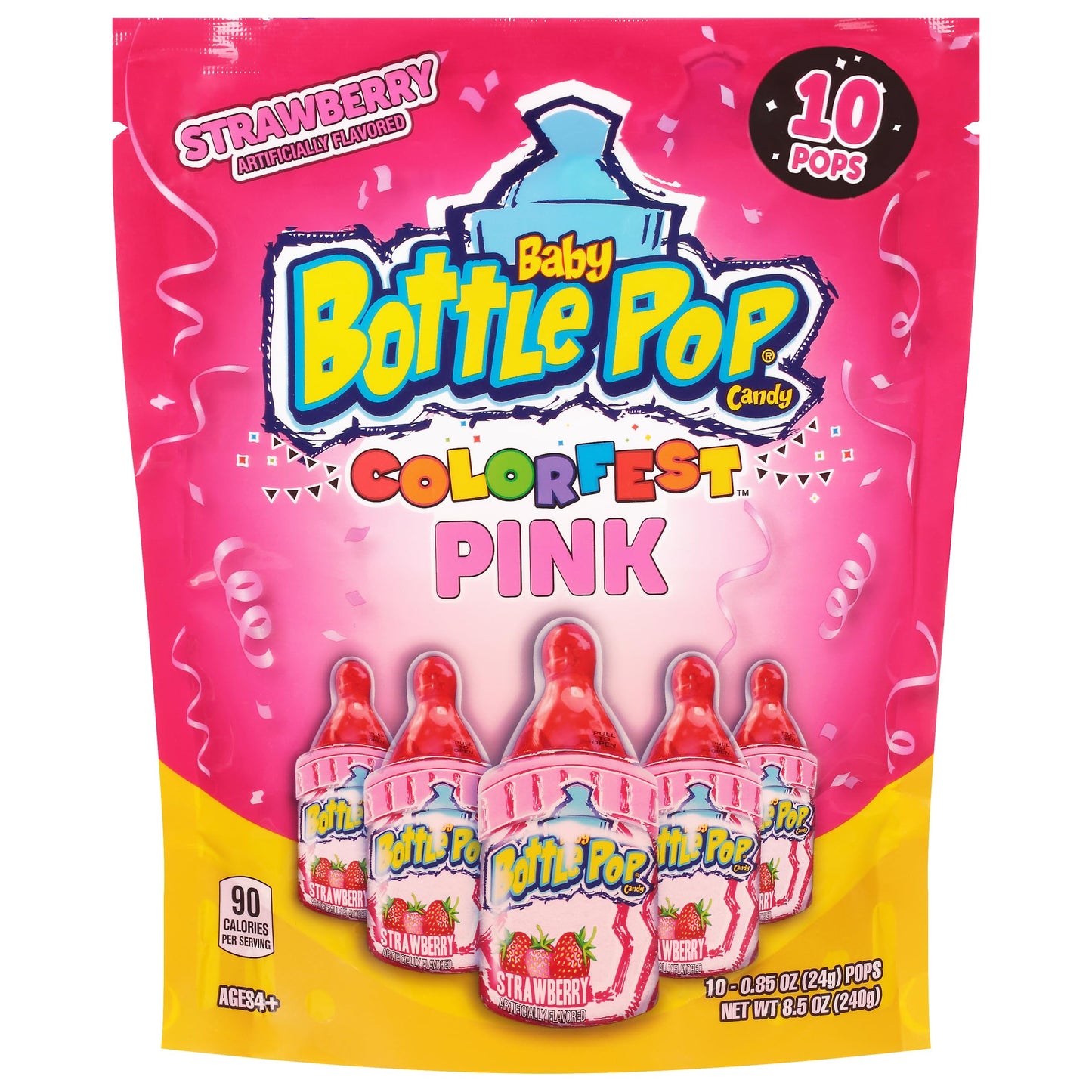 Baby Bottle Pop Colorfest Individually Wrapped Pink Strawberry Party Pack – 10 Strawberry Lollipops W/ Powdered Sugar Dip - Bulk Candy For Party Favors, Birthdays, & Gender Reveal Parties