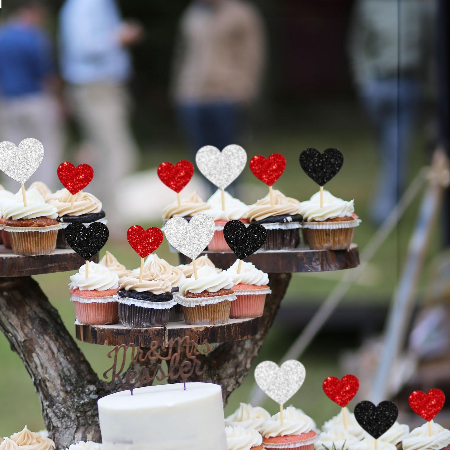 Gyufise Heart Cupcake Toppers, 30Pcs Glitter Cake Picks for Valentines Day, Wedding, Birthday Party - Black Red Silver