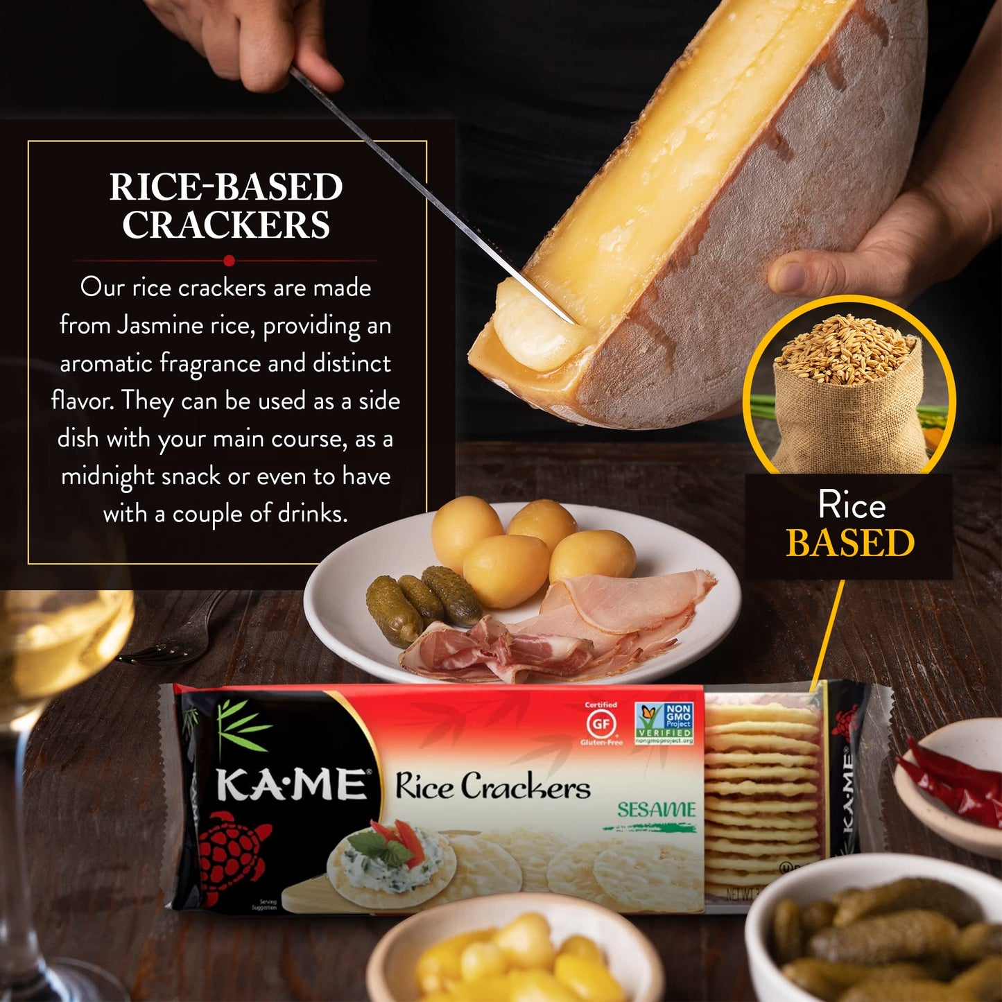Ka-Me Sesame Rice Crackers 3.5 Oz/Trays (Pack Of 12) Asian Ingredients And Flavors, No Artificial Flavors, Non Gmo, Great With Salmon, Cheese, Egg & Tuna Salad, Guacamole, Hummus & More