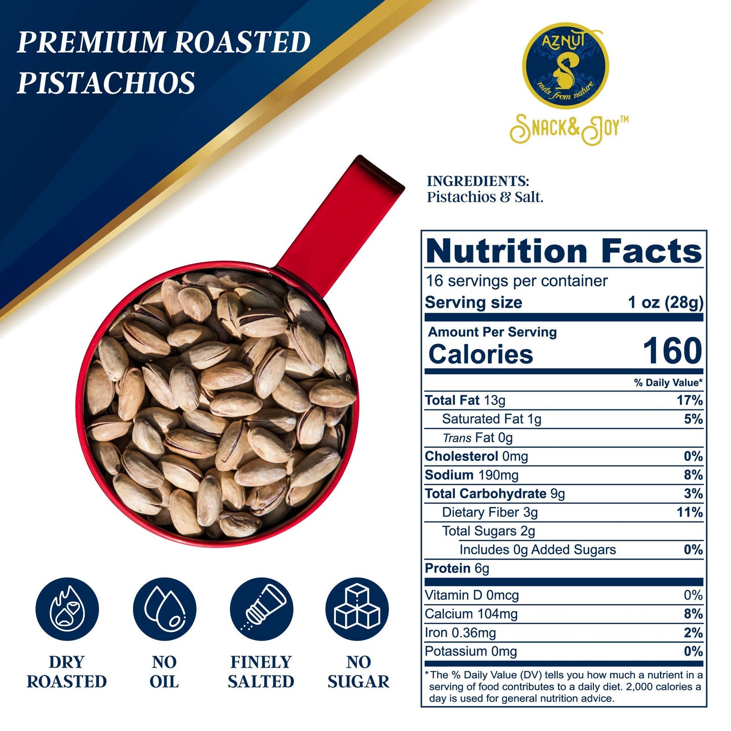 AZNUT Turkish Antep Roasted Salted Pistachios 1 LB, 100% Natural Premium Quality Class A, Non GMO Project Certified, Kosher Cert