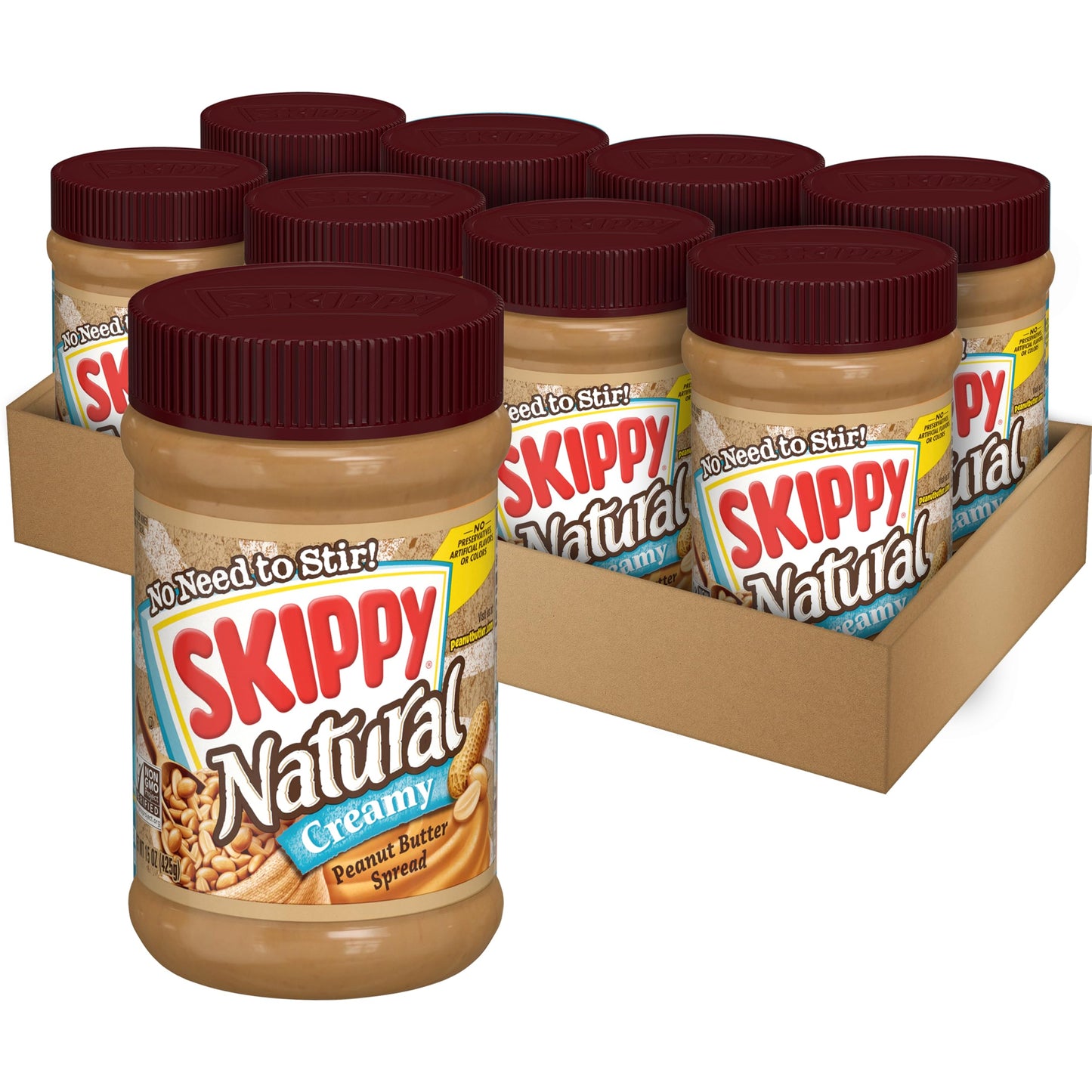 SKIPPY Natural Peanut Butter Spread, Creamy, 7g Protein, 15 oz (8 Pack)