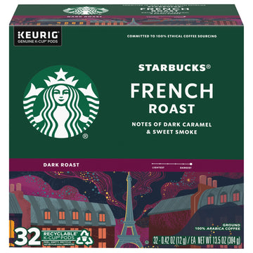 Starbucks Coffee K-Cup Pods, French Roast, Dark Roast Coffee, Notes Of Dark Caramel & Sweet Smoke, Keurig Genuine K-Cup Pods, 32