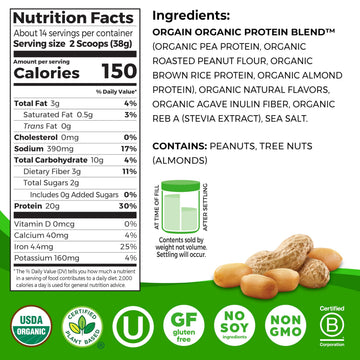 Orgain X Justin'S Organic Vegan Nut Butter Protein Powder, Peanut Butter- 20G Plant Protein, 2G Sugar, Gluten Free, No Dairy, S