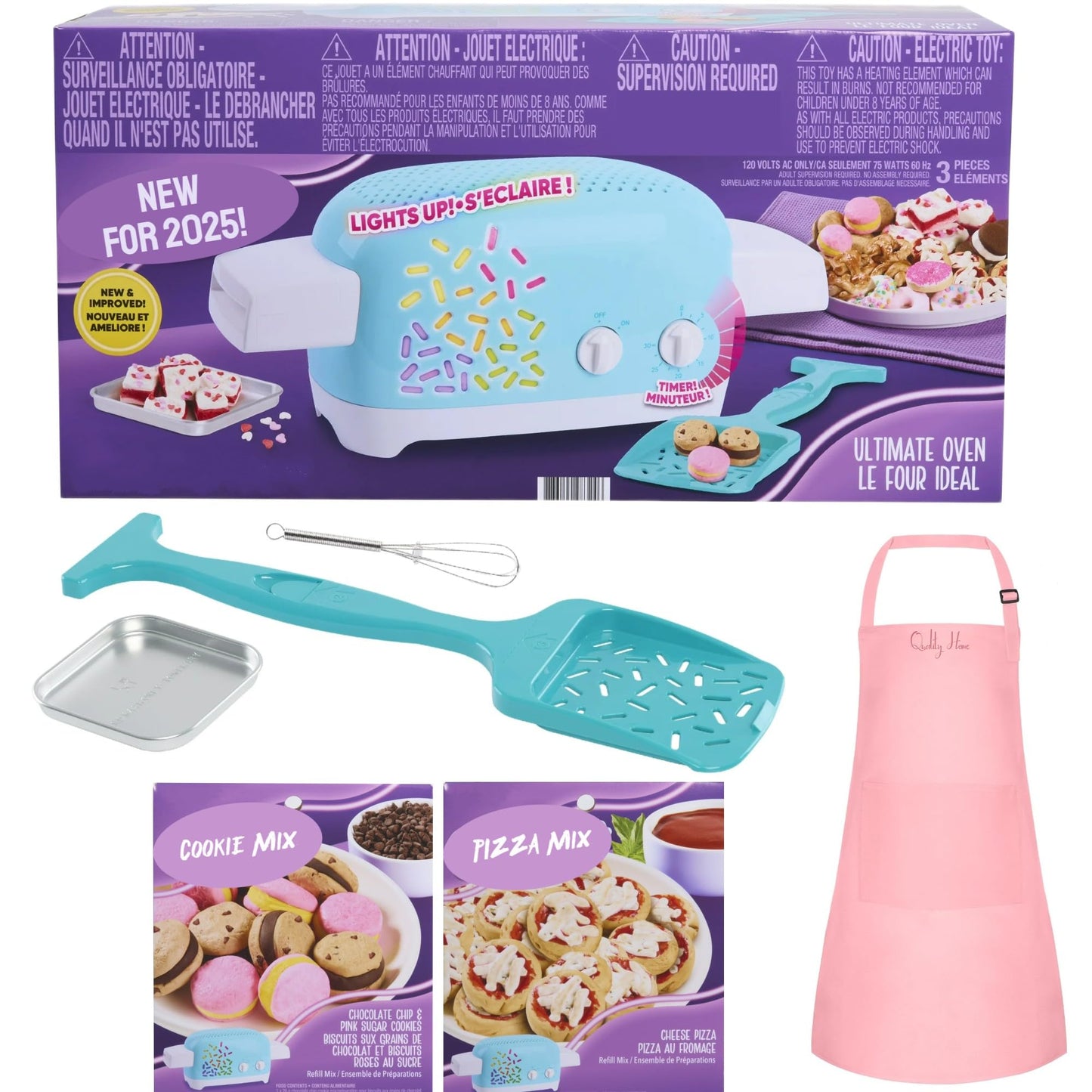 Easy Baking Oven Bundle - Includes Pizza & Cookie Mix, Spatula, Whisk, Pan, Pink Apron