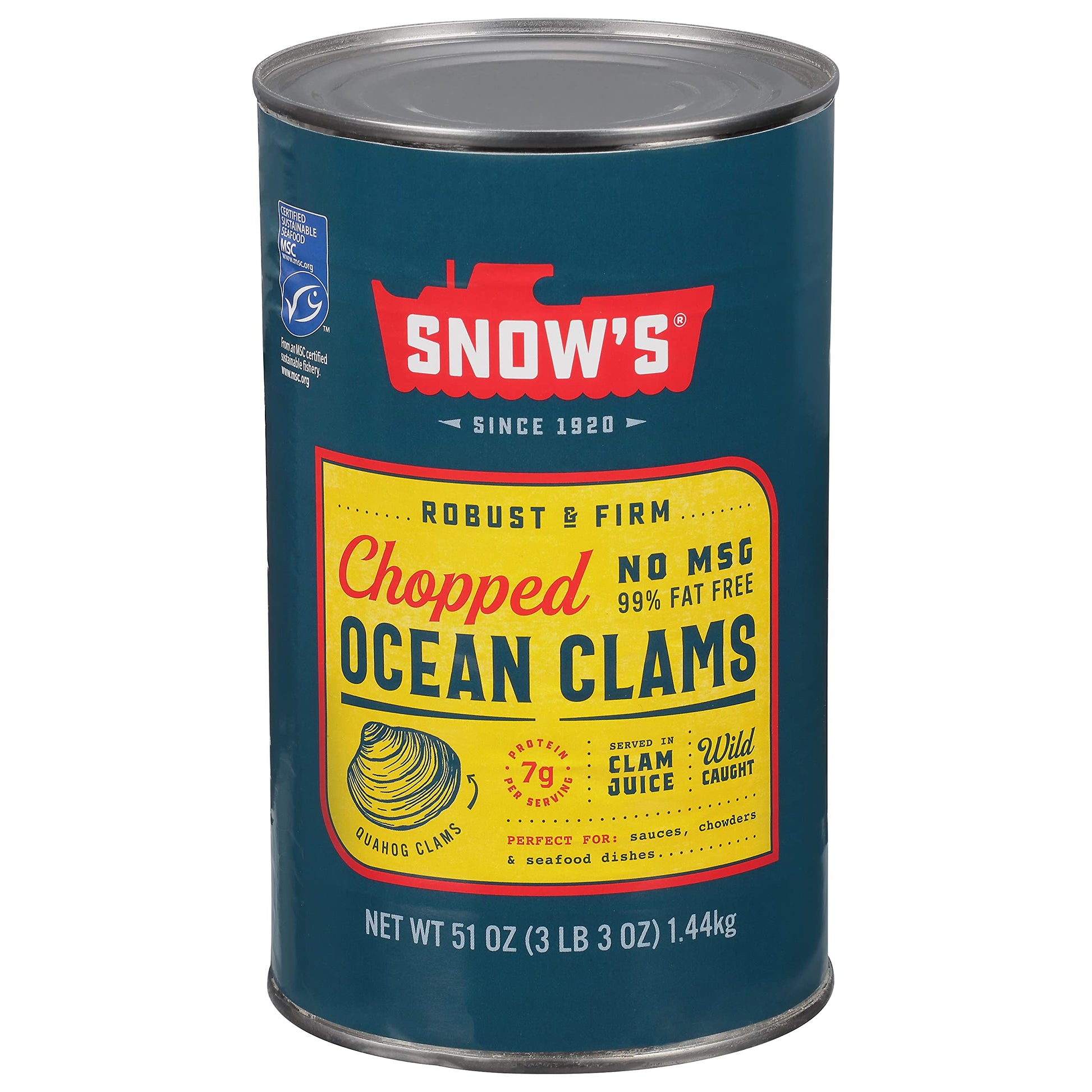 Snows Ocean Chopped Clams Canned, 51 oz Can - 7g Protein per Serving - Gluten Free, No MSG, 99% Fat Free - Great for Pasta & Se