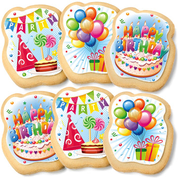 Happy Birthday Cookies Decorated Gift Basket Large 6 Pack | Individually Wrapped Sugar Cookie Jumbo With Icing Cake Party | Nut-Free Kosher