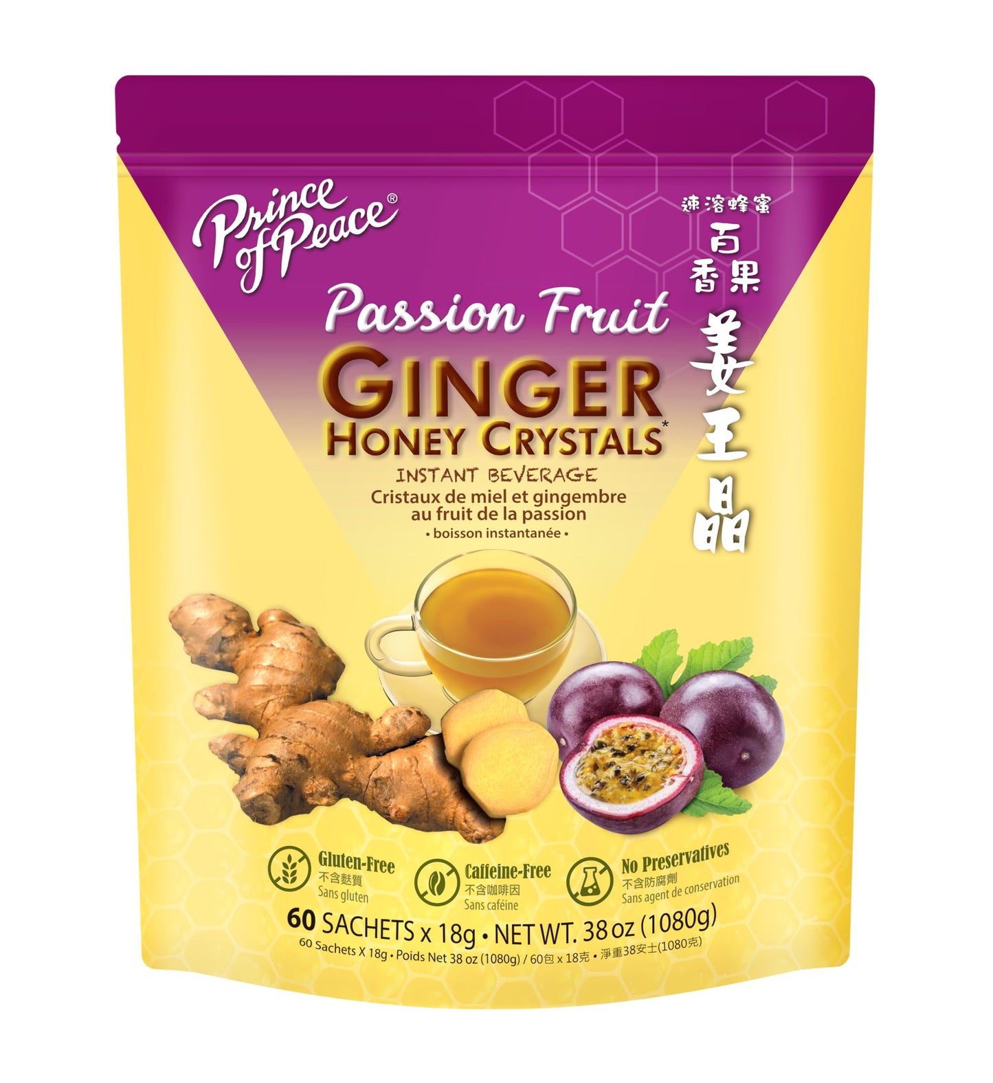 Prince of Peace Instant Ginger Honey Crystal with Passion Fruit 18g x 60 (bag) - Instant Hot or Cold Beverage that Soothes Throat - Easy to Brew - Drink Like a Tea - Gluten Free - Real Ginger