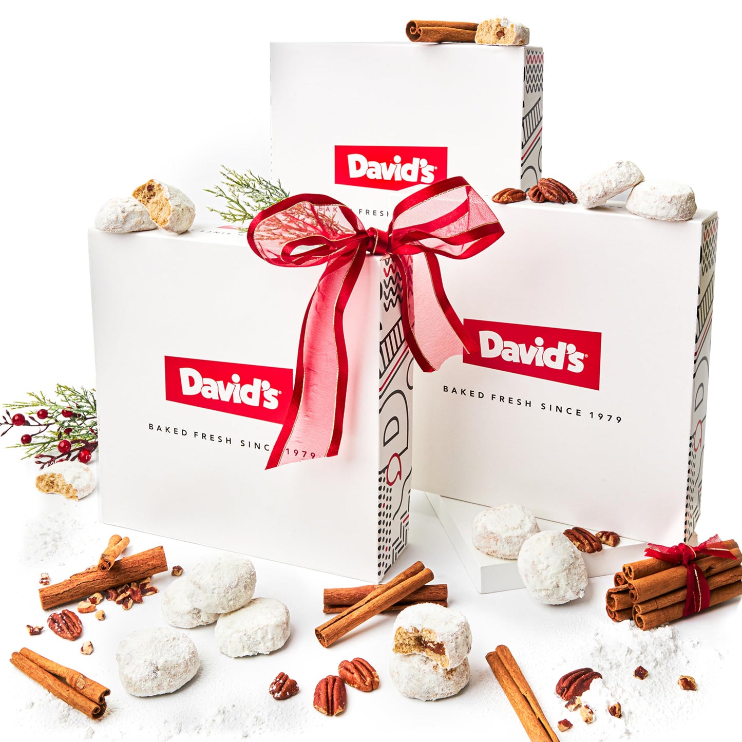 DavidS Cookies Cinnamon Pecan Meltaways Christmas Cookies Gift Box 3 Pack - Tender Butter Cookies Dusted With Cinnamon - 3 Lbs Gourmet Holiday Dessert Basket For Celebrations And Special Occasions