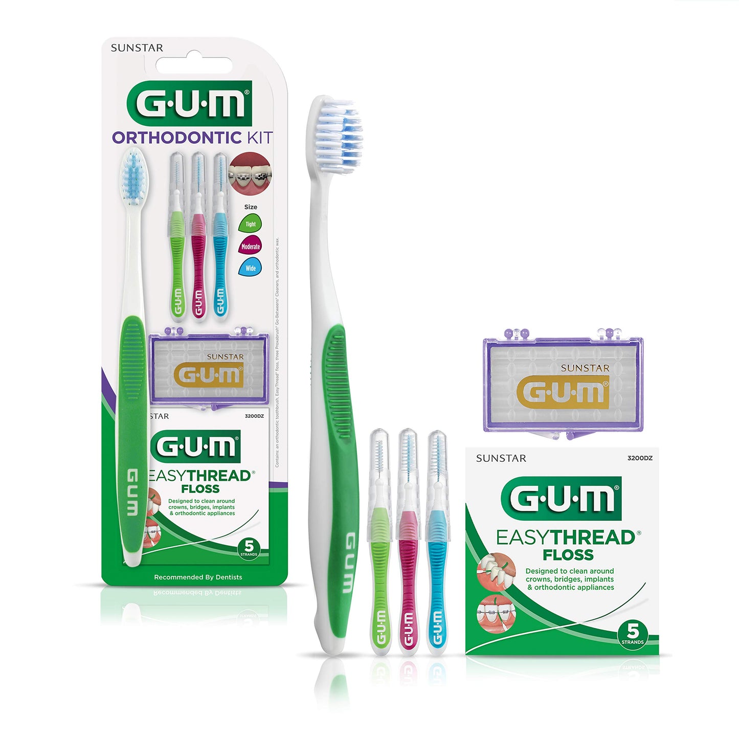 Gum Orthodontic Kit - Features Orthodontic Toothbrush, 3 Proxabrush Sizes And Shred-Resistant Easythread Floss, And Mint Ortho W