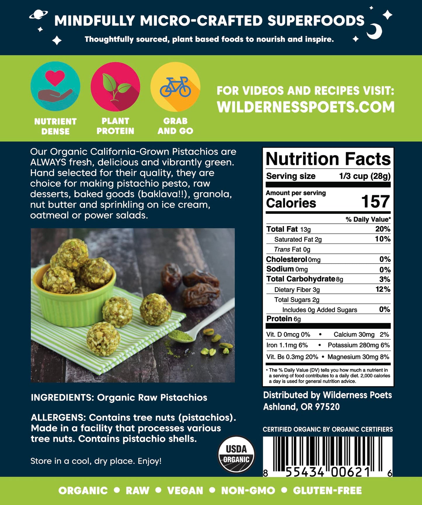 Wilderness Poets, Organic, Whole, Raw Pistachios - Grown In California, Fresh, Bright Green, Unsalted, Unroasted, Bulk Size - 5