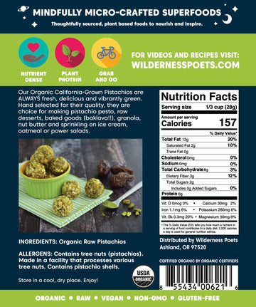 Wilderness Poets, Organic, Whole, Raw Pistachios - Grown In California, Fresh, Bright Green, Unsalted, Unroasted, Bulk Size - 5