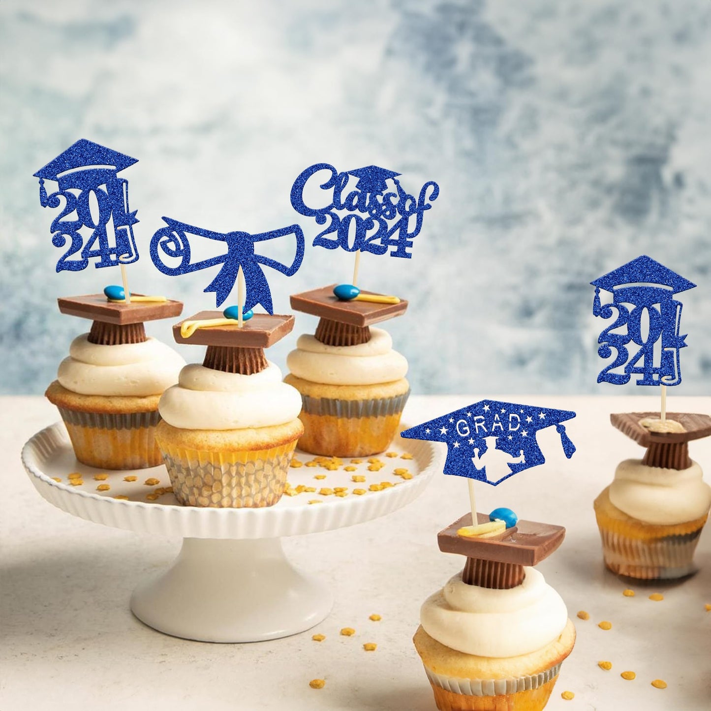 Gyufise 24Pcs 2024 Graduation Cupcake Toppers Deep Blue Glitter Class Of 2024 Diploma Congrats Grad Cap Cupcake Picks 2024 Gradu