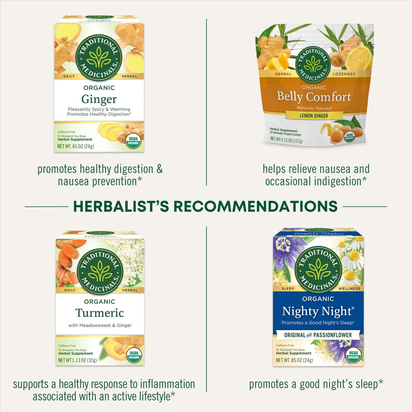 Traditional Medicinals Tea, Organic Ginger & Chamomile, Occasional Nausea & Indigestion Relief, 16 Tea Bags