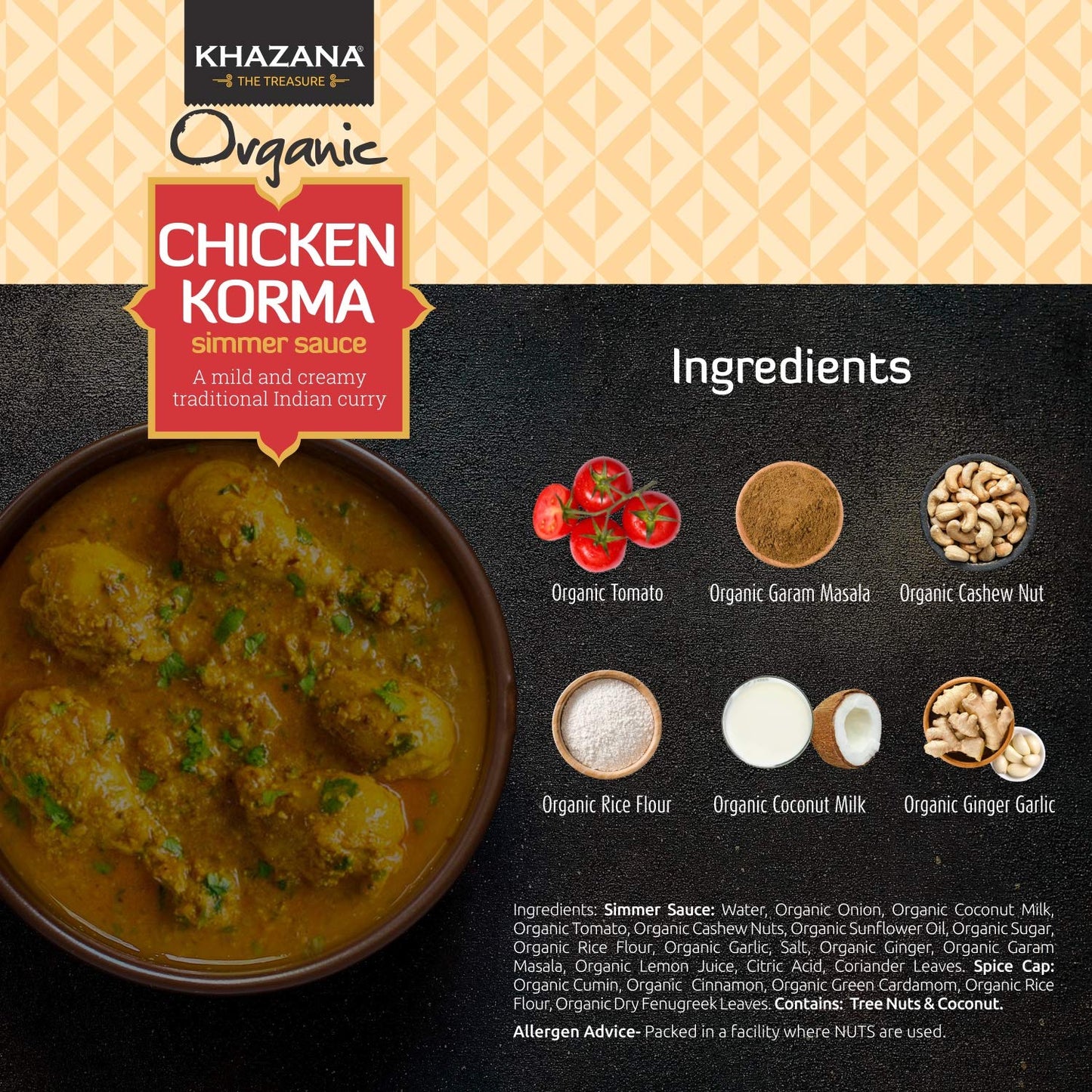 Khazana Organic Chicken Korma Indian Simmer Sauce - 6 X 12.7Oz Jars | Non-Gmo, Vegan, Gluten Free, Kosher | Authentic Indian Mea