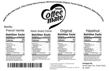 Nestle Coffee Mate Liquid .375Oz Variety Pack (4 Flavor) 100 Count Includes Original, French Vanilla, Hazelnut, Italian Sweet Cr