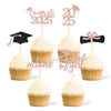 Gexolenu 36 pcs Class of 2025 Graduation Cupcake Toppers, Rose Gold Glitter Double-Sided Grad Cap Cake Toppers for Graduation Pa