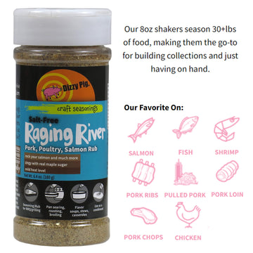 Dizzy Pig Salt-Free Raging River Salmon Seasoning Rub (8Oz Shaker) - Seasons 30+Lbs Of Food - Hand Made In The Usa - Msg Free, Gluten Free