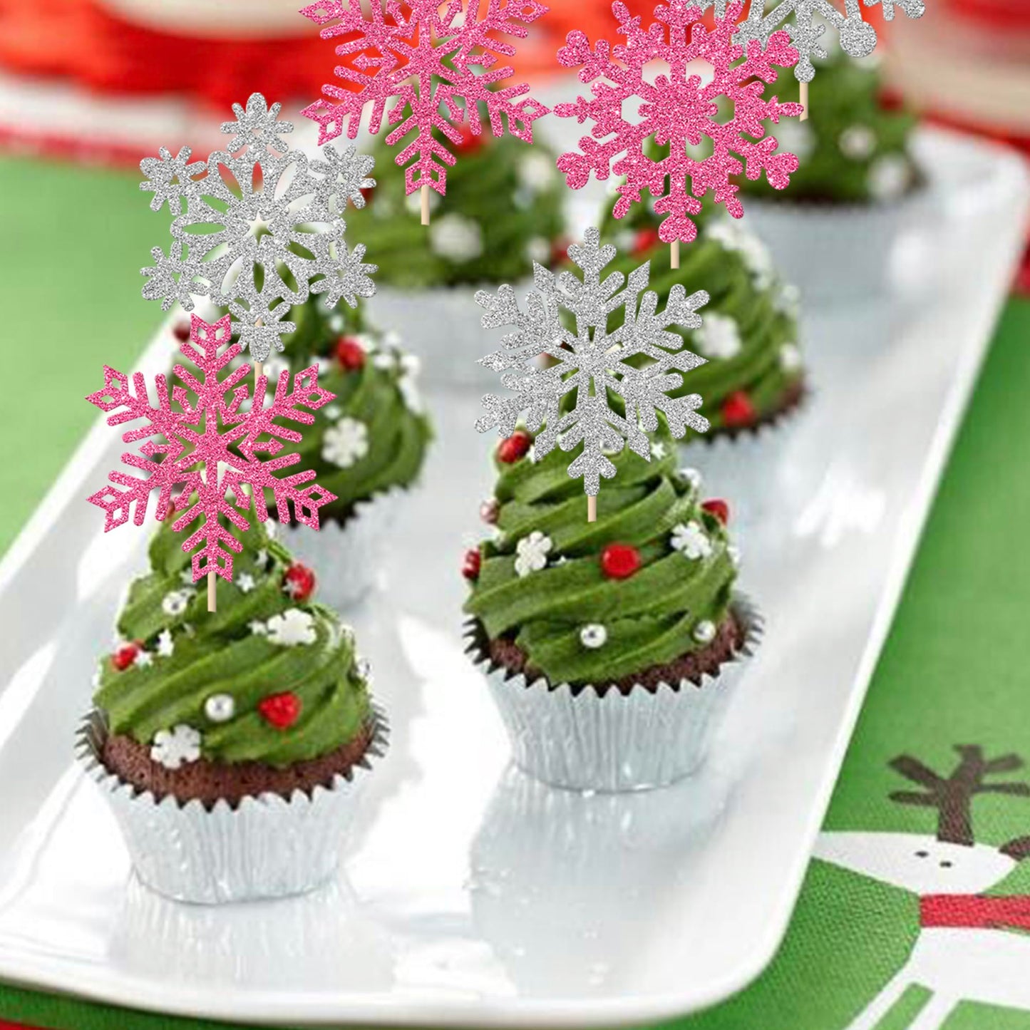 YCTHUNFISH 30 Pack Snowflake Cupcake Toppers, Glitter Paper Decorations, Winter Theme, Pink